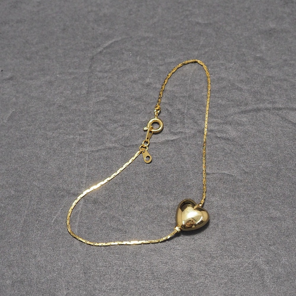 Vintage Puffy Heart Bracelet Anklet 8" Polished Gold Tone Dome Charm Snake Chain